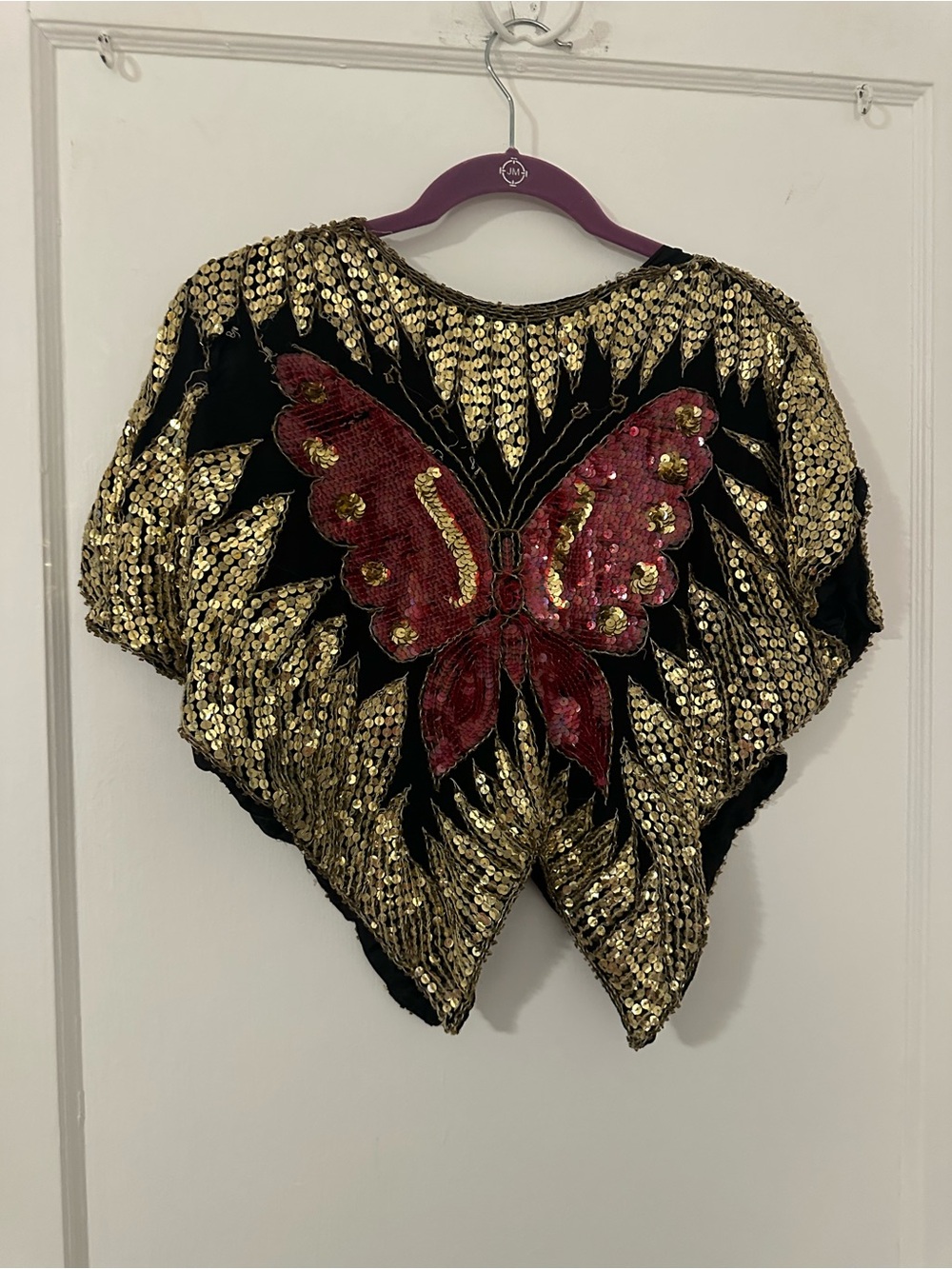 Vintage Black Crop Top with Red Sequin Butterfly and Gold Sequins - Picture 4 of 5